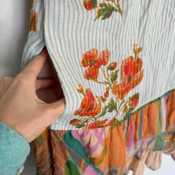 Free People Mixed Print Patchwork Tunic Dress Floral Plaid Boho S V Neck - Picture 8 of 10